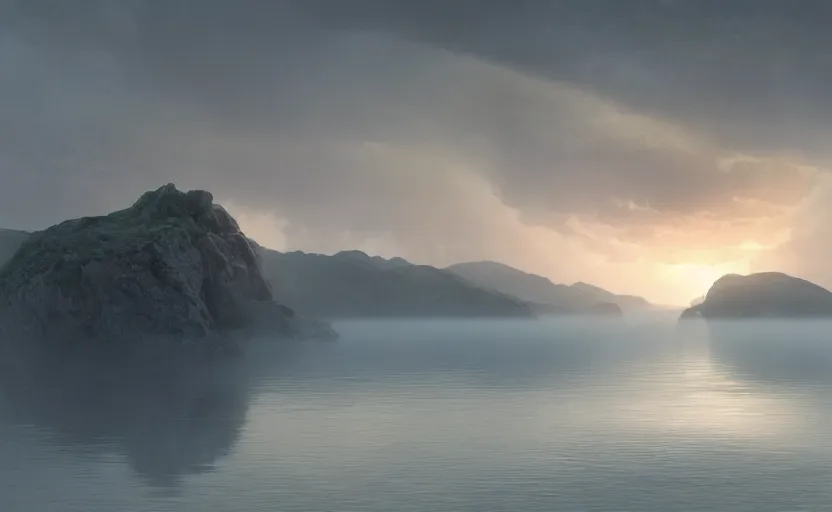 Prompt: a strange lake directed by charlie kaufman ( 2 0 0 1 ) anamorphic lenses, a rocky shore in the foreground, foggy volumetric light morning, a beam of light from the heavens, cinematic trending on artstation in the style of greg rutkowski