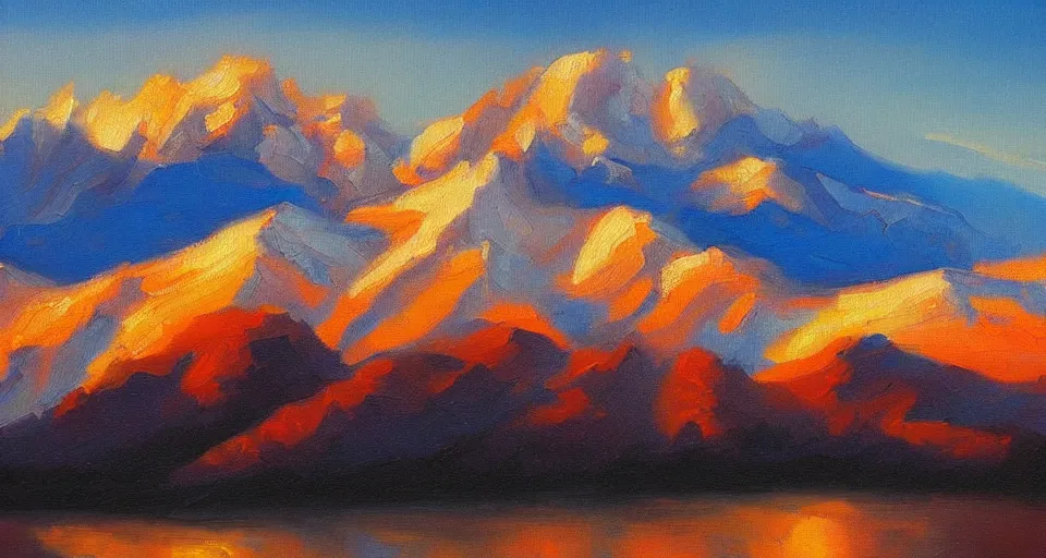 Prompt: landscape painting of snowy mountains at sunset, beautiful painting, oil on canvas, golden hour, by Ewa Czarniecka, award winning masterpiece,