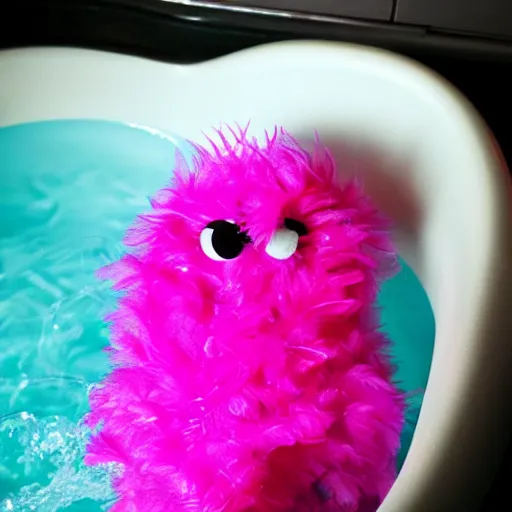 Prompt: hot pink feather boa muppet in bubble bath