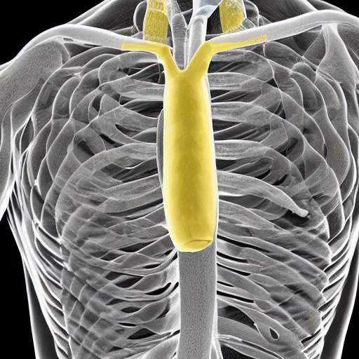 Prompt: Chest CT showing a banana lodged in the upper mediastinum