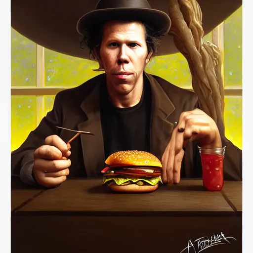 Prompt: portrait of tom waits eating hamburgers, extra onions and ketchup, luscious patty with sesame seeds, feminine ethereal, handsome, d & d, fantasy, intricate, elegant, highly detailed, digital painting, artstation, concept art, matte, sharp focus, illustration, art by artgerm and greg rutkowski and alphonse mucha