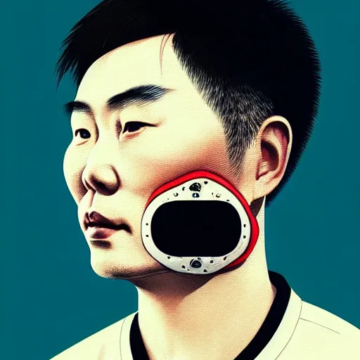 Image similar to portrait of a chinese man :: side profile :: oxygen mask :: clockwork implant :: intricate details :: 8k :: by vikings and Sandra Chevrier