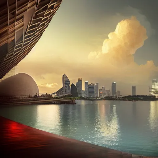 Prompt: Singapore Esplanade Marina Bay city with a lion-shaped cloud in the sky, by greg rutkowski, red and white lighting, digital art, ultra realistic, ultra detailed, photorealistic, 4k, character concept