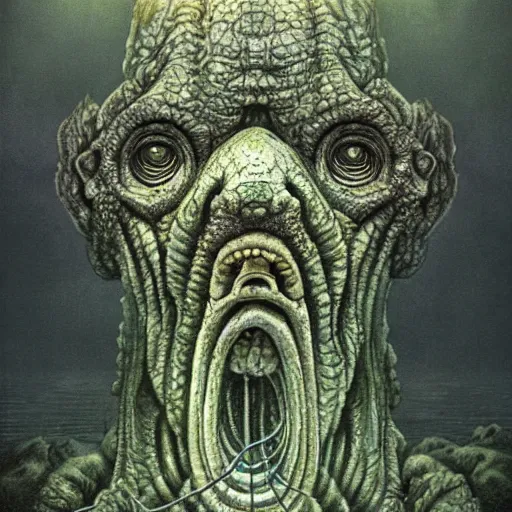 Image similar to deep ones emerging from Marina Bay in Singapore, by H.R Giger, H.P. Lovecraft and Zdzisław Beksiński, digital art trending on artstation