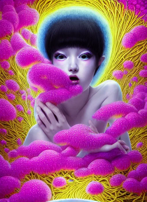 Image similar to hyper detailed 3d render like a Oil painting - kawaii action portrait Aurora (black haired Fae acrobat) seen Eating of the Strangling network of yellowcake aerochrome and milky Fruit and Her delicate Hands hold of gossamer polyp blossoms bring iridescent fungal flowers whose spores black the foolish stars by Jacek Yerka, Mariusz Lewandowski, Houdini algorithmic generative render, Abstract brush strokes, Masterpiece, Edward Hopper and James Gilleard, Zdzislaw Beksinski, Mark Ryden, Wolfgang Lettl, hints of Yayoi Kasuma, octane render, 8k