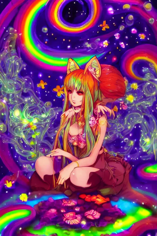 Prompt: psychedelic, whimsical, anime, 4k, beautiful seductive woman with fox ears smoking weed, with professional makeup, long trippy hair, a crystal and flower dress, sitting on a reflective pool, surrounded by gems, underneath the stars, rainbow fireflies, trending on patreon, deviantart, twitter, artstation, volumetric lighting, heavy contrast, art style of Greg Rutkowski and Victoria gavrilenko and Ross Tran