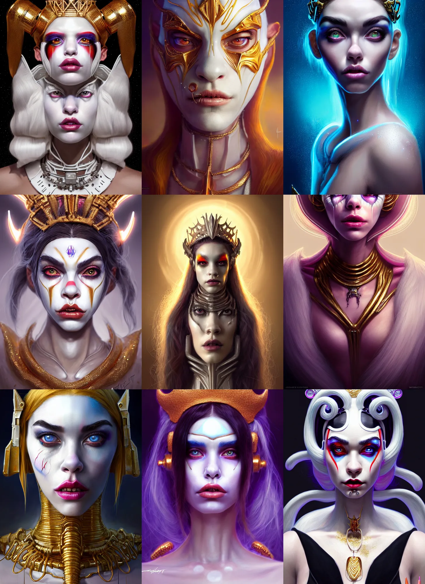 Prompt: bright white clowncore : : disney weta portrait, soft polished star wars queen devil madison beer cyborg, bling, hi - fructose, sci - fi fantasy intricate decadent highly - detailed digital painting, golden ratio, octane render, artstation, concept art, smooth, sharp focus, illustration, artgerm, mucha, loish, wlop