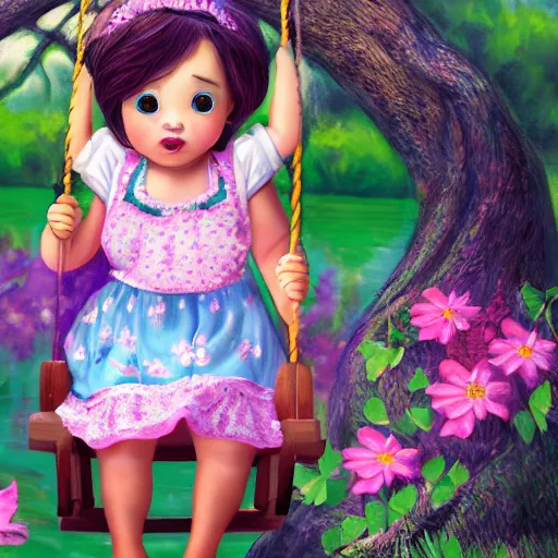 Image similar to spectacular scene of a little fat sweet girl with flowery dress, sitting on a swing and hugging a colorful fish, by the stormy lake. clear beautiful fat face. morning time. an amazingly beautiful scene. beautiful lighting, 4 k post - processing, trending in art station, cg society, highly detailed, 5 k extremely detailed, 3 d. stylize scene.