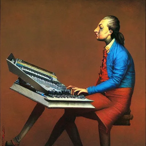 Image similar to Painting of Mozart mixing at the turntables in a style of Beksinski