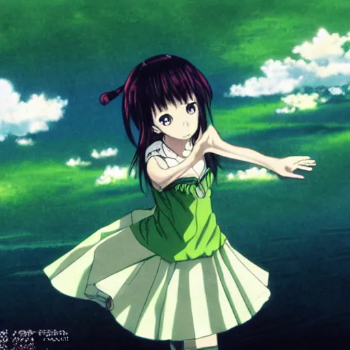 Image similar to anime, girl, green dress, flying, by eiichiro oda