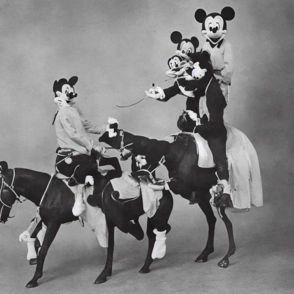 Image similar to a photograph of mickey mouse riding a horse called mini mouse