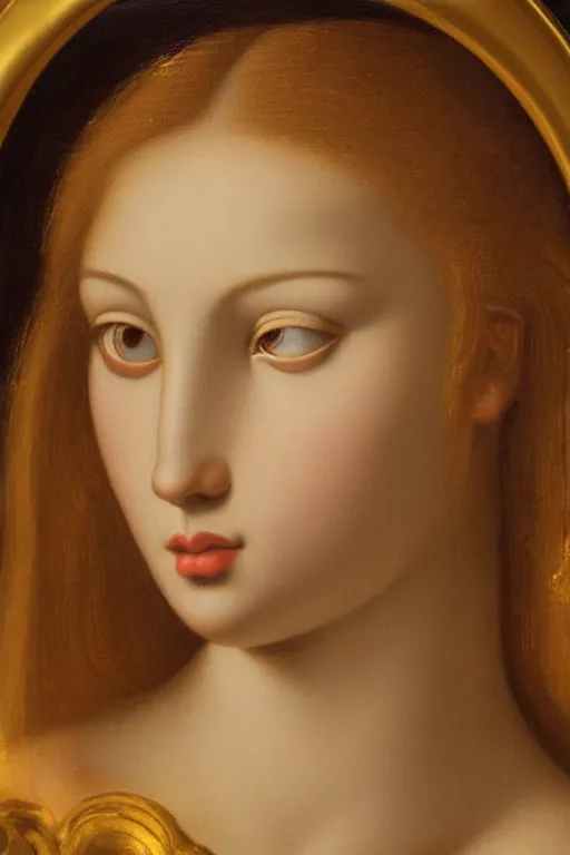 Image similar to Beautiful girl, calm face, closeup, ultra detailed, made in gold, Guido Reni style