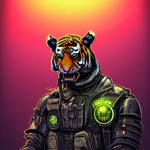 Prompt: a goose in a detective suit, tiger, dystopia core, apocalyptic, armor, warrior, dramatic, sharp focus, fiction, neon, fantasy, hyper detailed, digital art, trending in artstation, cinematic lighting