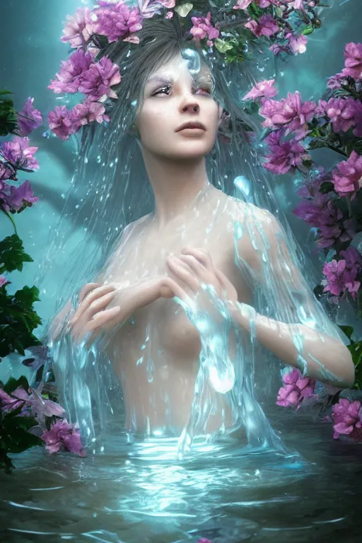 Image similar to ultra realistic 3 d render of a gorgeous goddess made of water and blooming flowers rising out of the water dripping by charlie bowater and farid ghanbari, beautiful, bioluminescent, ethereal, waterfall, intricate, elegant, full body,