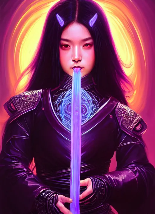 Image similar to portrait of a beautiful woman with long black hair wearing sci - fi samurai armor, holding a katana made from glowing purple energy and runes, intricate, elegant, glowing lights, highly detailed, digital painting, artstation, concept art, smooth, sharp focus, illustration, art by wlop, mars ravelo and greg rutkowski