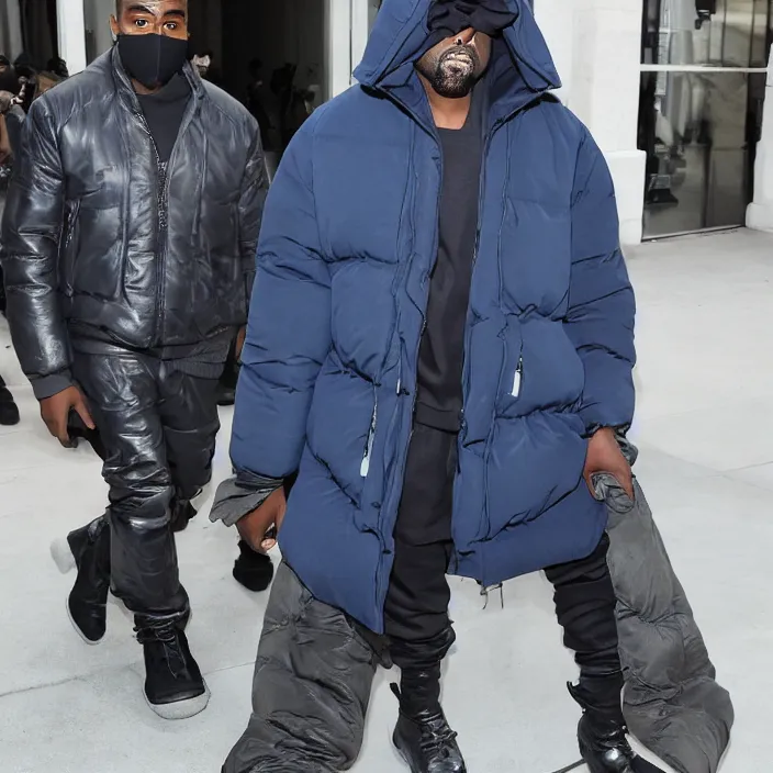 Image similar to kanye west using a full face covering black mask, a blue round puffer jacket made of nylon and big black rubber boots,