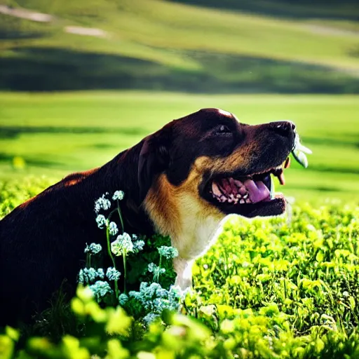 Prompt: slobber over clovers on the side of the hill, surreal