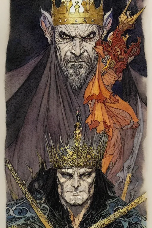 Prompt: a realistic and atmospheric watercolour fantasy character concept art portrait of an evil king with a black crown looking at the camera with an intense gaze by rebecca guay, michael kaluta, charles vess and jean moebius giraud