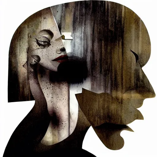 Image similar to The profile of a woman's face, a shadow is facing the other direction, an image split in two, by Dave McKean