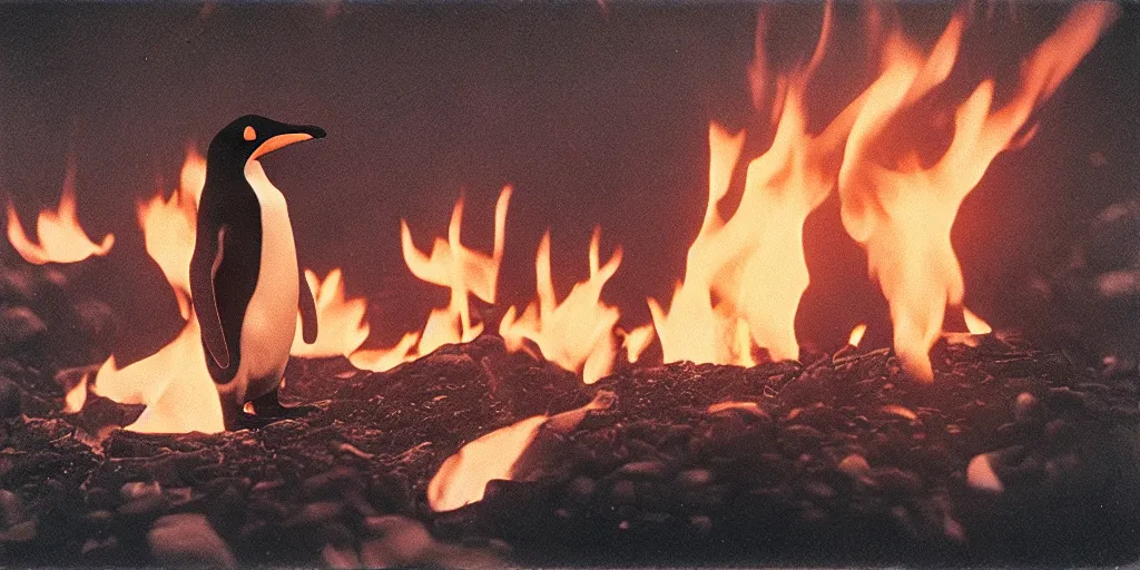 Image similar to detailed medium format photo, polaroid still from tarkovsky movie, penguin standing on burning hot coals, haze, high production value, intricate details, 8 k resolution, hyperrealistic, hdr, photorealistic, high definition, tehnicolor, award - winning photography, masterpiece, amazing colors