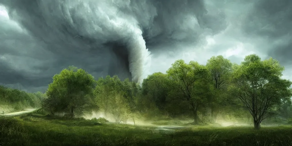 Image similar to A tornado in a beautiful scenic landscape, nature, trees, wide angle, super highly detailed, professional digital painting, artstation, concept art, smooth, sharp focus, no blur, no dof, extreme illustration, Unreal Engine 5, Photorealism, HD quality, 8k resolution, cinema 4d, 3D, beautiful, cinematic, art by artgerm and greg rutkowski and alphonse mucha and loish and WLOP