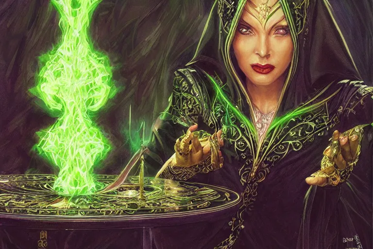 Prompt: a beautiful sorceress wearing a black robe with gold embroidery, sitting at table, casting a spell, green glows, painted by donato giancola and artgerm, in the style of magic the gathering, highly detailed digital art