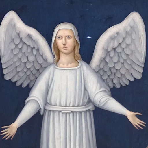 Image similar to realistic medieval painting portrait of white angel with clean narrow face like noface, 3 / 4, miracle light coming up from the head up and up, misty space, grace and blessing, sfumato effect, by by bill stoneham, renaissance, christianity, marble stone, glow effect, white background