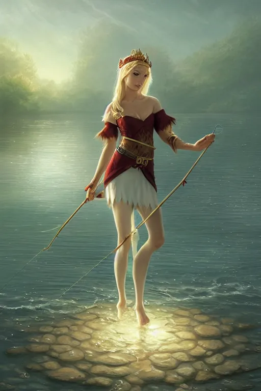 Image similar to elegant elf fishing in lake, highly detailed, d & d, fantasy, highly detailed, digital painting, trending on artstation, concept art, sharp focus, illustration, global illumination, ray tracing, realistic shaded, art by artgerm and greg rutkowski and fuji choko and viktoria gavrilenko and hoang lap