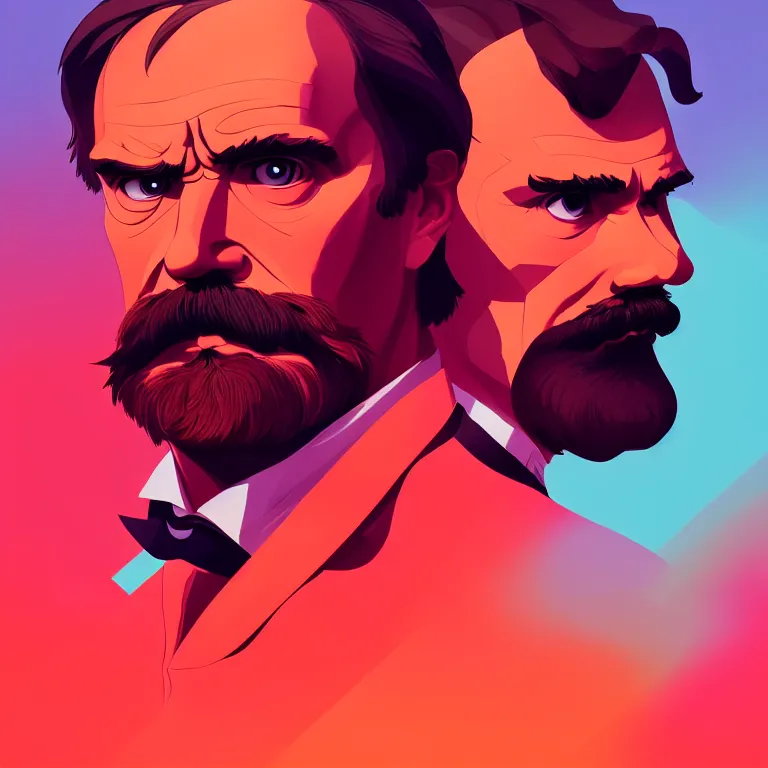 Prompt: Portrait of Friedrich Nietzsche with a chiseled Jawline and serious Look , in the Style of Artgerm and Ross Draws and Mike Mignola and Atey Ghailan, rimlight, vibrant colors, hard shadows, colorful, plain background, trending on artstation