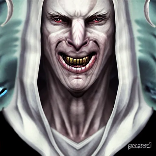 Prompt: Pale-skinned man with a pinched face, crazed eyes, and a strained toothy grin smile. He has short blond unwashed hair. He wears a stained white cultist robe. Epic fantasy art, award winning on Artstation, intricate, elegant, highly detailed, digital painting, concept art, smooth, sharp focus, illustration, art by artgerm and greg rutkowski and alphonse mucha