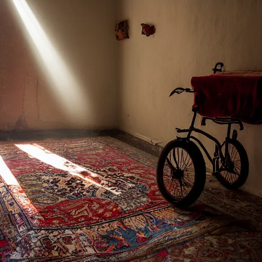 Image similar to A dark kitsch-filled dusty parlor brightened by a morning sunbeam with floating dust particles, a small tattered Persian rug is on the floor, a little child\'s tricycle is parked in the corner of the room, cinematic, vignette, ultrarealistic, photograph, natural lighting