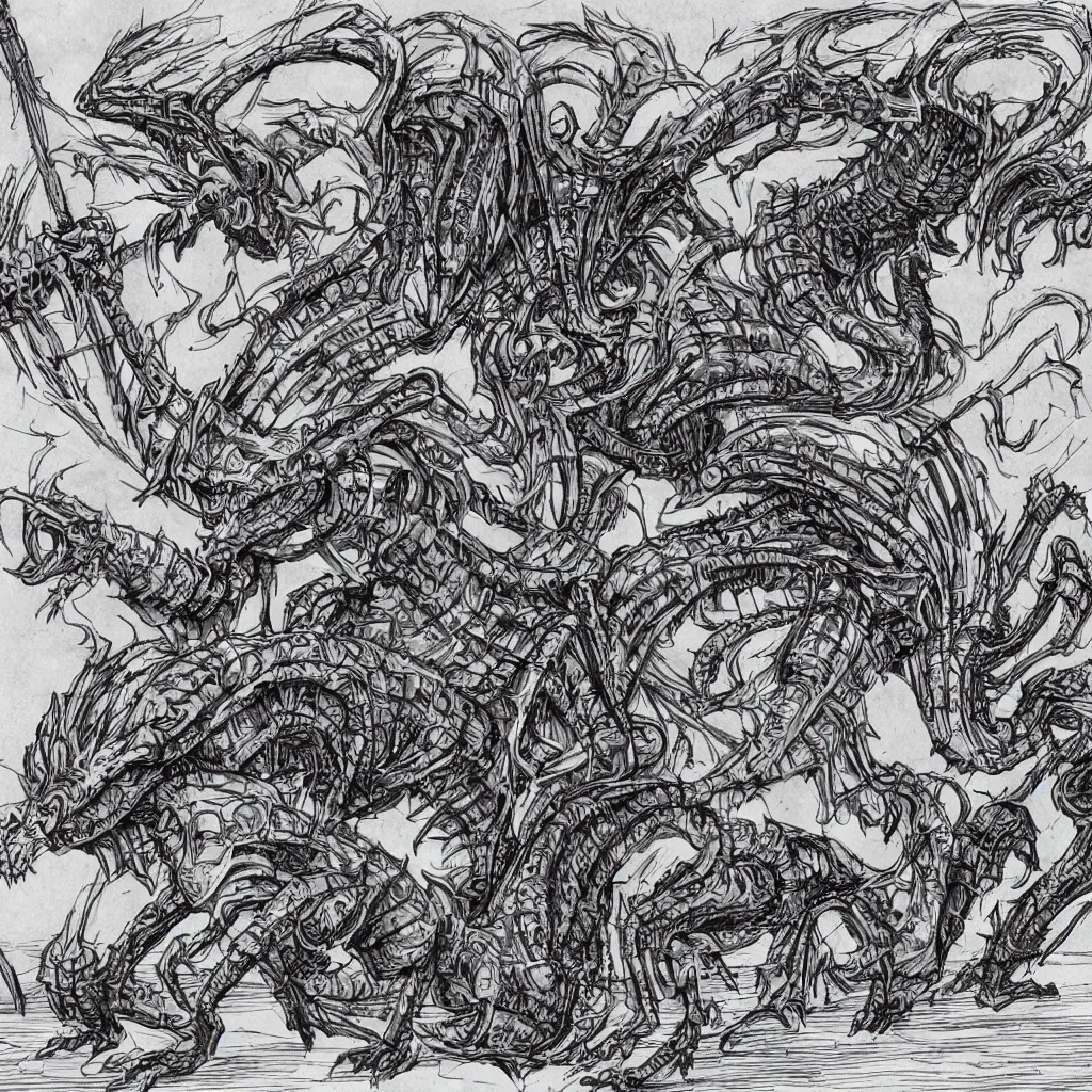 Prompt: a basilisk fighting an armoured knight in the style of H.R. Giger