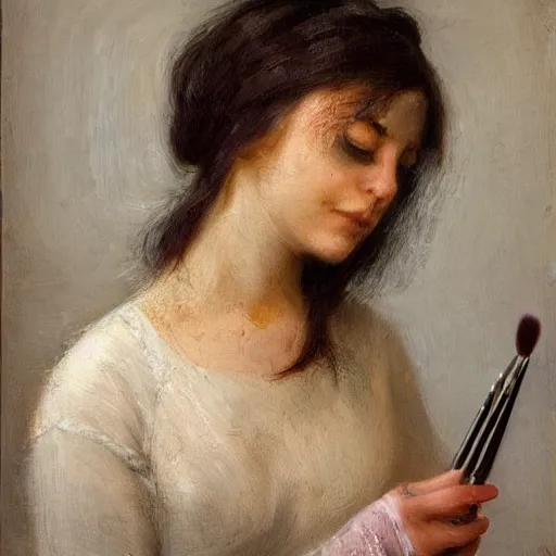Prompt: beautiful portrait of a woman with artistic brushes sticking out of her hair.