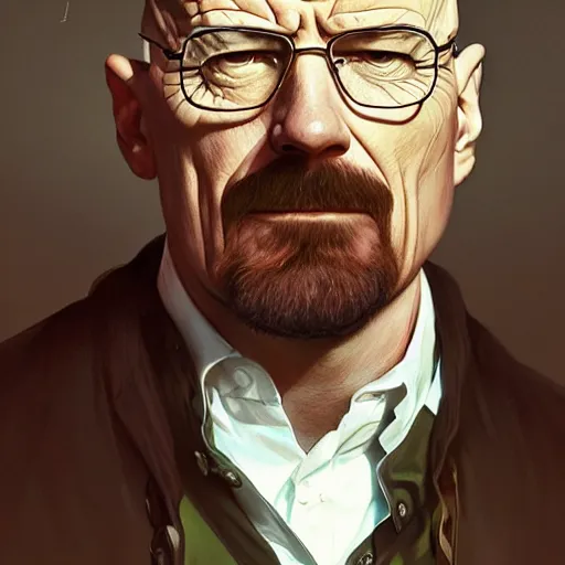 Image similar to walter white, fantasy character portrait, dynamic pose, above view, sunny day, very coherent asymmetrical artwork, sharp edges, perfect face, simple form, 100mm by Stanley Artgerm Lau, greg rutkowski, thomas kindkade, alphonse mucha, loish