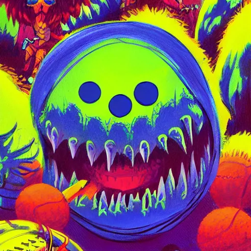 Image similar to a million tennis ball monsters, colorful, digital art, fantasy, magic, chalk, trending on artstation, ultra detailed, professional illustration by basil gogos