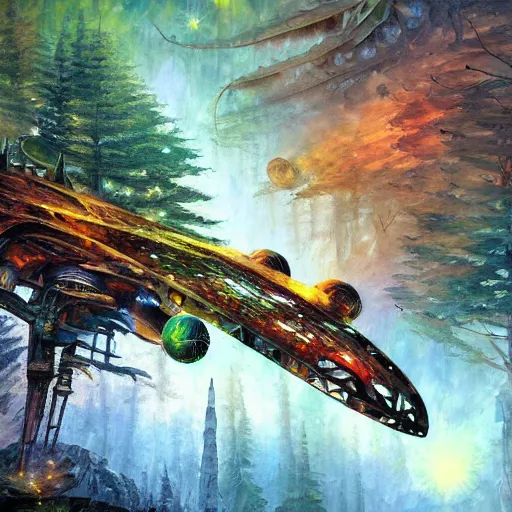 Image similar to crashed spaceship in forest cryengine render by android jones, james christensen, rob gonsalves, leonid afremov and tim white