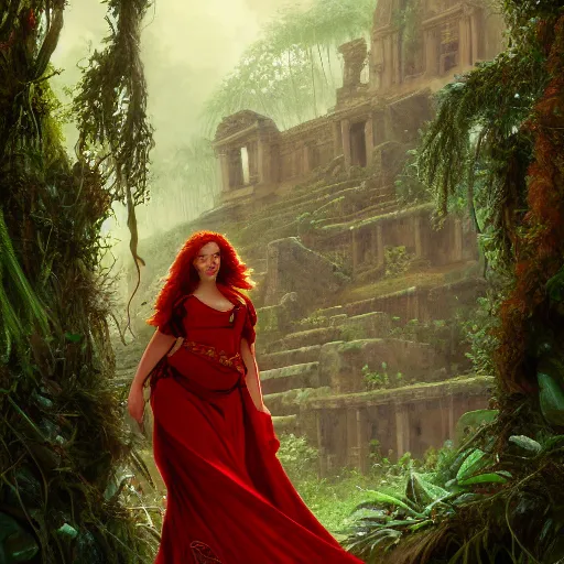 Prompt: portrait of a female sorceress with curly red hair wearing a red dress and a red cloak exploring the ruins of an abandoned maya city in the jungle, fantasy, highly detailed, digital painting, artstation, concept art, character art, art by greg rutkowski and tyler jacobson and alphonse mucha