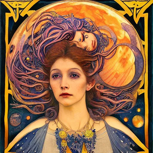 Image similar to queen of the moon with stars in her hair, by annie swynnerton and donato giancola and diego rivera and nicholas roerich and jean delville and charlie bowater and dulac, dramatic lighting, god rays, geometric tattoos, rich colors, smooth sharp focus, extremely detailed, leo and diane dillon, adolf wolfli