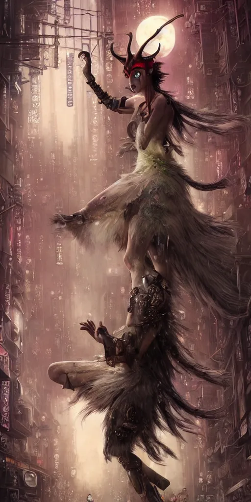 Image similar to hyper realistic Princess Mononoke attacking luminescent ghost, ornate mask, wet market street, cyberpunk metropolis, city landscape, jewels, full body pose, full moon, style of tom bagshaw, mucha, james gurney, norman rockwell, denoised, sharp