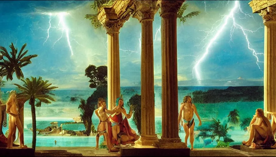 Image similar to Inside the Palace of the occult, mediterranean balustrade and columns, refracted sparkles, thunderstorm, greek pool, beach and Tropical vegetation on the background major arcana sky and occult symbols, by paul delaroche, hyperrealistic 4k uhd, award-winning, very detailed paradise