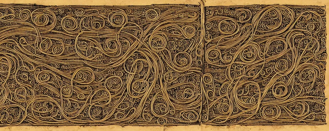 Image similar to ancient book with images of spaghetti, in the style of the popol vuh, fine detail,