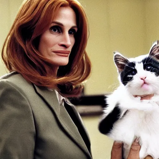 Image similar to julia roberts!! as dana scully, rescuing kittens, movie still