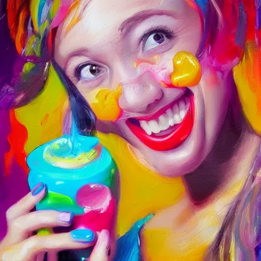 Image similar to An adorable happy woman chews on a candy as a colorful liquid flows from her mouth. Detailed oil painting.