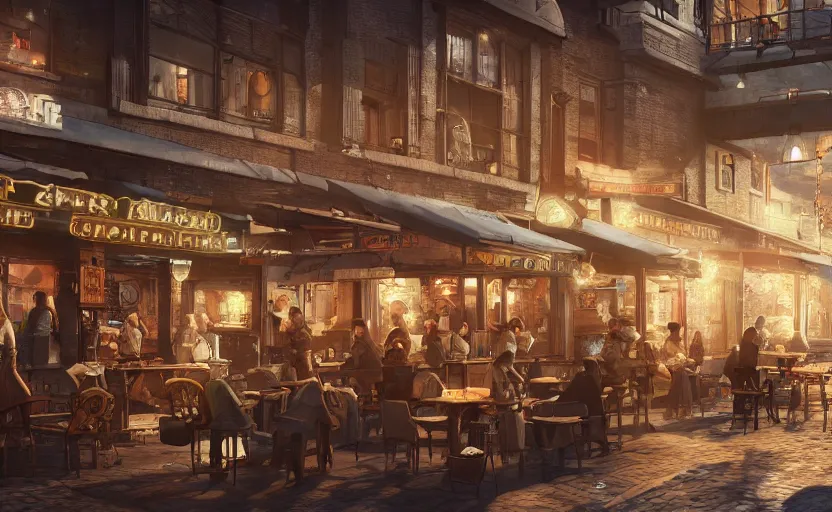 Image similar to a cozy relaxed cafe, looking out at the bustling underbelly of a thriving steampunk city by james paick, trending on cgsociety, unreal engine, 4 k wallpaper