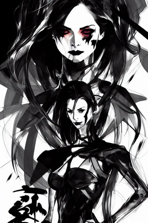 Image similar to style of yoji shinkawa, rafael albuquerque, loish : : gorgeous willa holland : : evil witch, swirling black magic : : symmetrical face, symmetrical eyes : : full body pose : : gorgeous black hair : : magic lighting, low spacial lighting : :