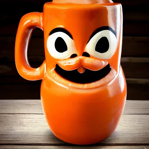 Image similar to a closeup photorealistic photograph of an orange cat garfield style tiki mug at a trader vic's bar with garfield's face on the front. tiki party. bright scene. fine detail. this 4 k hd image is trending on artstation, featured on behance, well - rendered, extra crisp, features intricate detail, epic composition and the style of unreal engine.