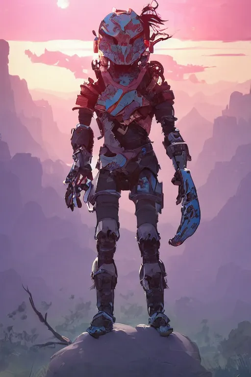 Image similar to combination suit armor aloy horizon forbidden west horizon zero dawn robot ninja mask helmet backpack tribal, art gta 5 comics, official fanart behance hd artstation by jesper ejsing, by rhads, makoto shinkai and lois van baarle, ilya kuvshinov, ossdraws radiating a glowing aura cgi rtx 2 0 2 2