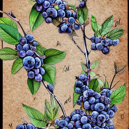 Image similar to horizontal botanical drawing of blueberry bushes. Traditional art. Rustic. Nordic. 4K. Trending on artstation. Bushy. Nature. Artistic.