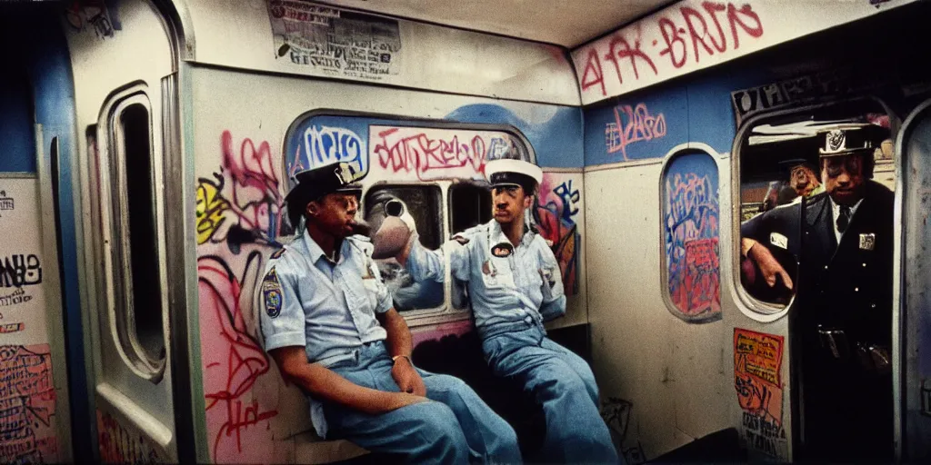 Prompt: new york subway cabin 1 9 8 0 s inside all in graffiti, 1 9 8 0 s policeman with the k - 9 dog, coloured film photography, christopher morris photography, bruce davidson photography