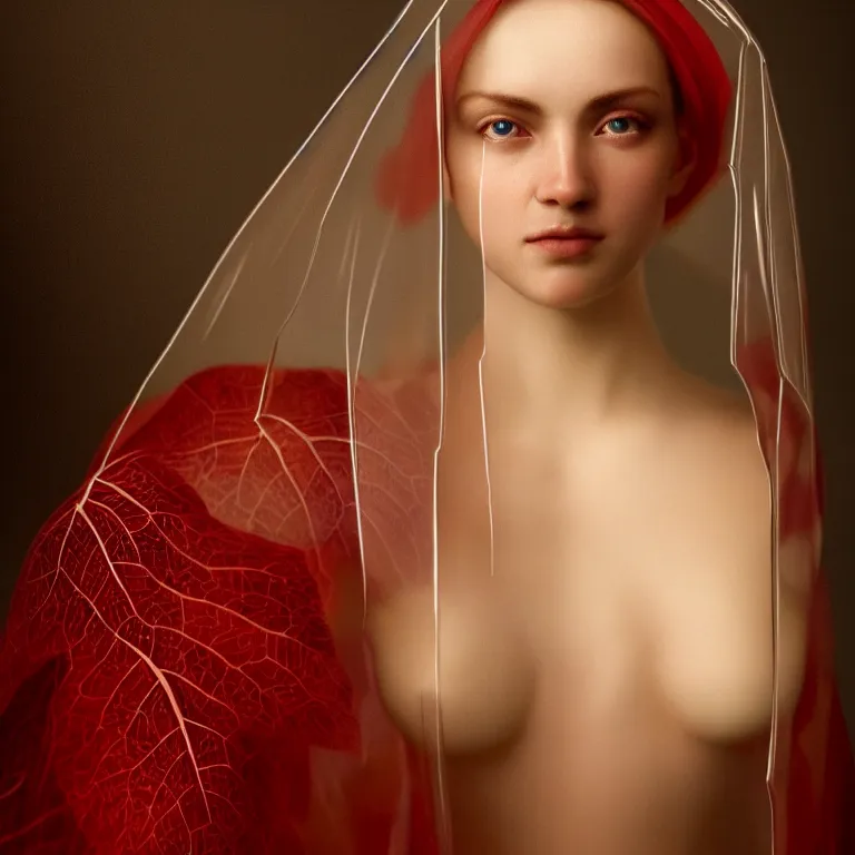 Prompt: hight focus f - 2 2, 8 5 mm, iso 1 0 0 : a wonderful realistic focused portrait of knight with a detailed wonderful symmetrical face who is dressed with wonderful, majestic, large semi transparent leaves with red drapes and semi transparent white veils, dramatic light, octane render, by roberto ferri style, - 8 k